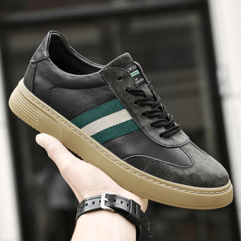 SF1176 Stylish Leather Men's Shoe in Sports Style with green stripe, crafted from full grain leather, breathable lining, and rubber outsole.